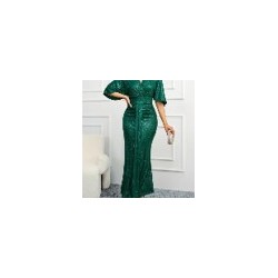 Vestidos largo de lentejuelas escote cruzado y cintura drapeada