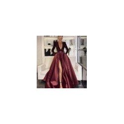 Vestidos elegante en V  largo, lentejuelas manga larga, falda satinada